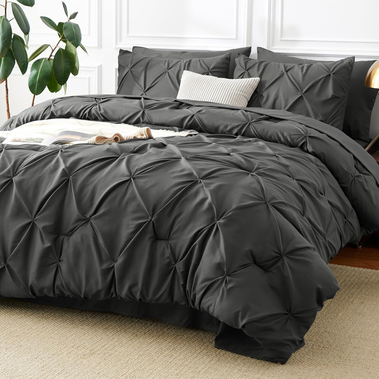 Queen Comforter Set Dark Grey, 7 Pieces Pintuck Bed in a Bag, Premium Dark Gray Comforter Queen Size, Pinch Pleat Bedding Sets with Comforter, Sheets, Pillowcases & Shams