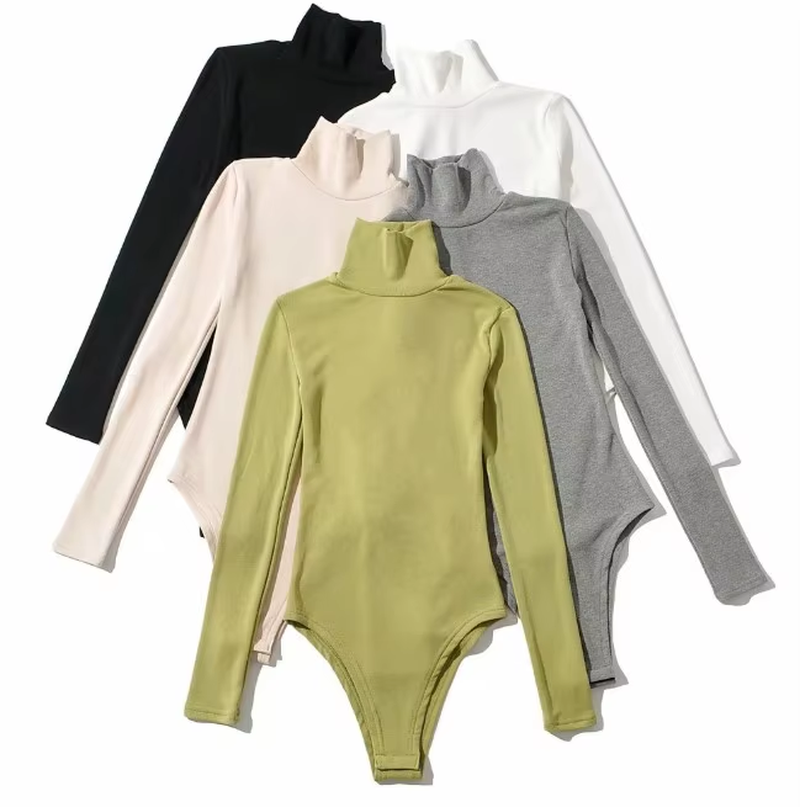 Polyester Spandex One-Piece T-Shirt High Collar Long Sleeves Slim Sexy Elastic Leggings Formal Winter Skinny Hidden Summer