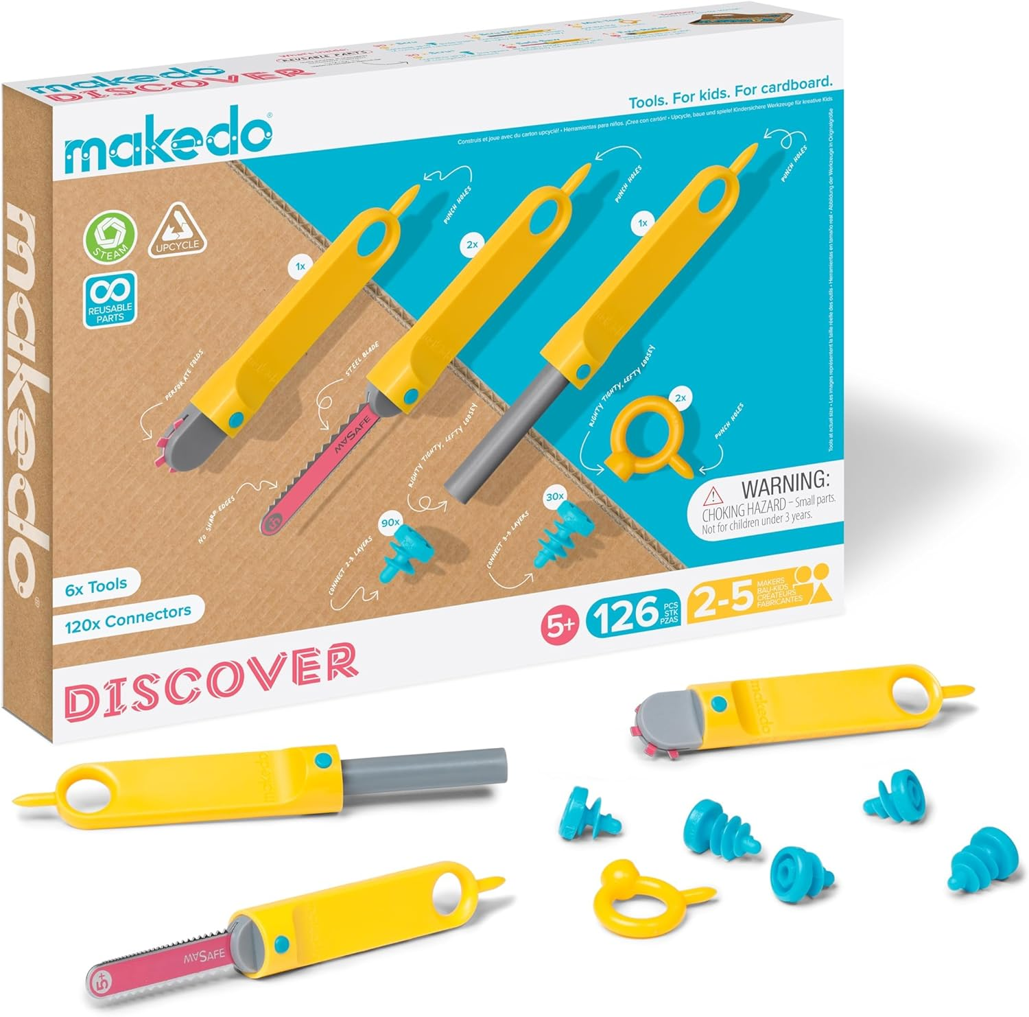 Discover | Upcycled Cardboard Construction Tool Kit in Small Toolbox (126 Pieces) | STEM + STEAM Educational Toys for at Home Play + Classroom Learning | Reusable Tools for Boys & Girls Age 5+