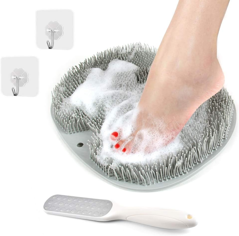 Shower Foot Scrubber Massager Mat Cleaner Improve Circulation Reduce Feet Pain Exfoliation, Feet Acupressure Mat with Non Slip Suction Cups, with 2Pcs Seamless Hooks and 1Pcs Foot File