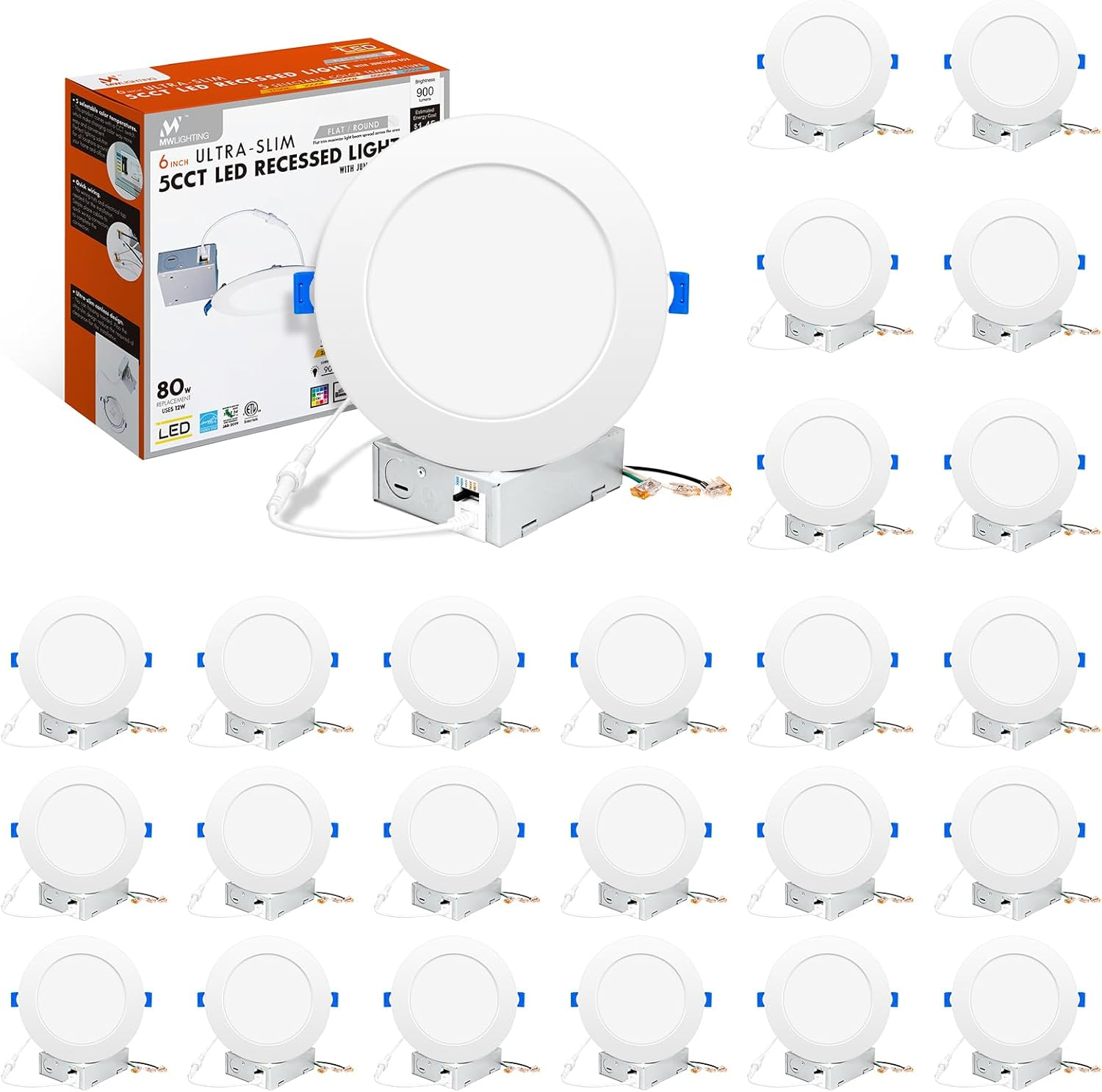 24Pack 6 Inch 5CCT Ultra-Thin LED Recessed Ceiling Light with Junction Box, 2700K/3000K/4000K/5000K/6000K Selectable, Dimmable Canless Light, 900LM High Brightness Downlight, 12W = 90W, Energy Star