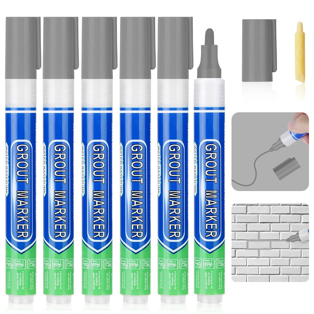 Grout Pen - 6PCS Light Grey Tile Paint Marker, Wall Repair Pens, Grout Reviver and Sealer Pens for Bathrooms, Kitchen Floor and Wall Lines