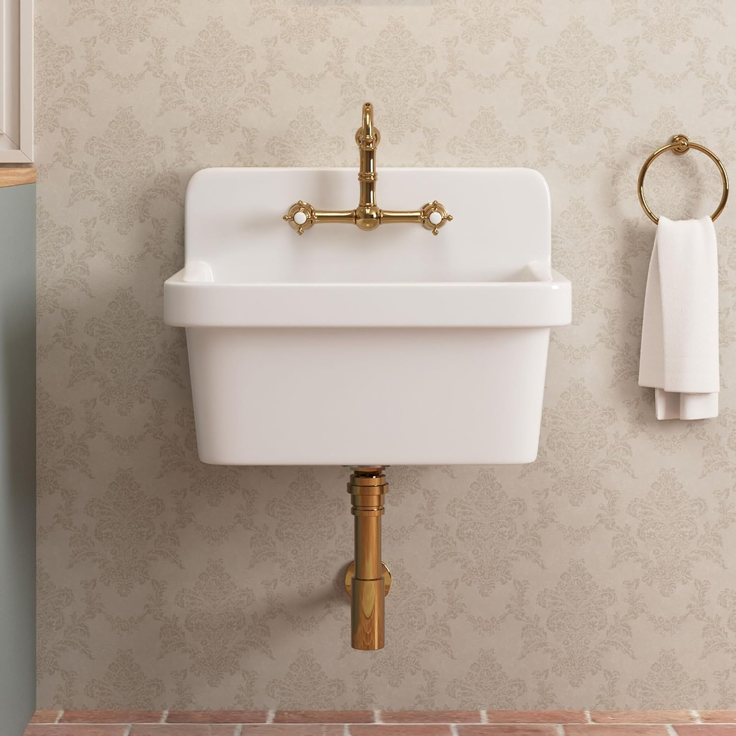 Wall Mount Utility Sink 24 Inch, White Laundry Sink, Ceramic High Back Farmhouse Sink for Laundry Room, Garage, Kitchen, Bathroom