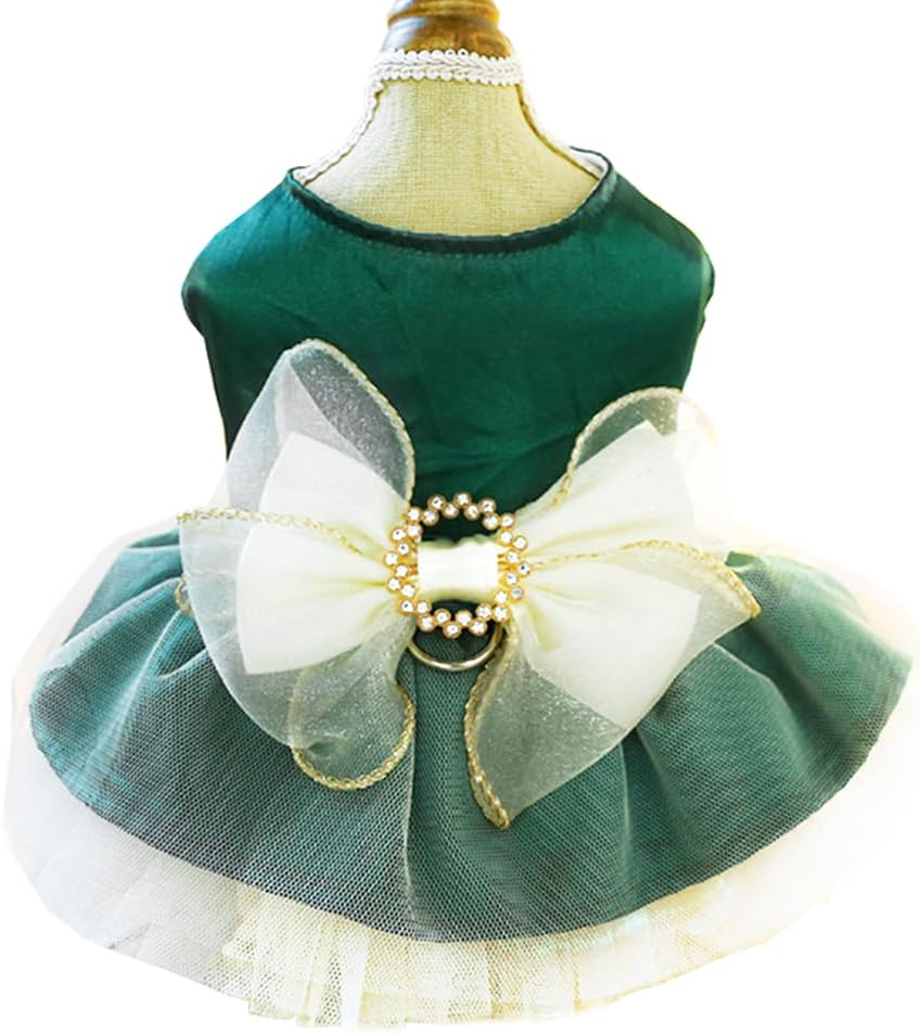 Retro Dog Tulle Dress with Leash Ring Spring Summer Girl Puppy Clothes for Small Dog Cat Apparel Formal Pet Prom Dress for Wedding Birthday Valentines (Green,Medium)
