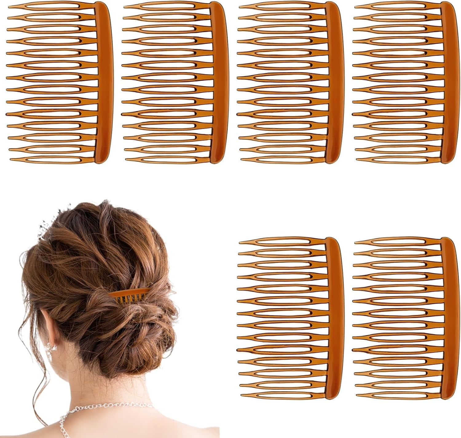 6Pcs Hair Combs Slides for Women 14-Tooth French Comb Plastic Twist Decorative Comb French Side Combs Retro Hair Slides Clips Accessories for Women Girls Bridal Wedding (Brown)