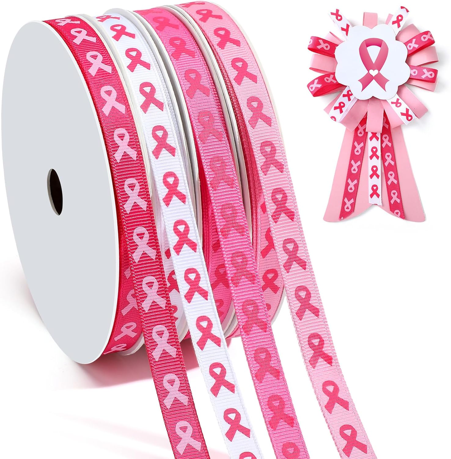 100 Yards 4 Rolls Breast Cancer Awareness Ribbon 3/8 Inches Per Roll Grosgrain Pink Ribbon Printed Crafts Party Wreath Decorations Gift Wrapping Sewing