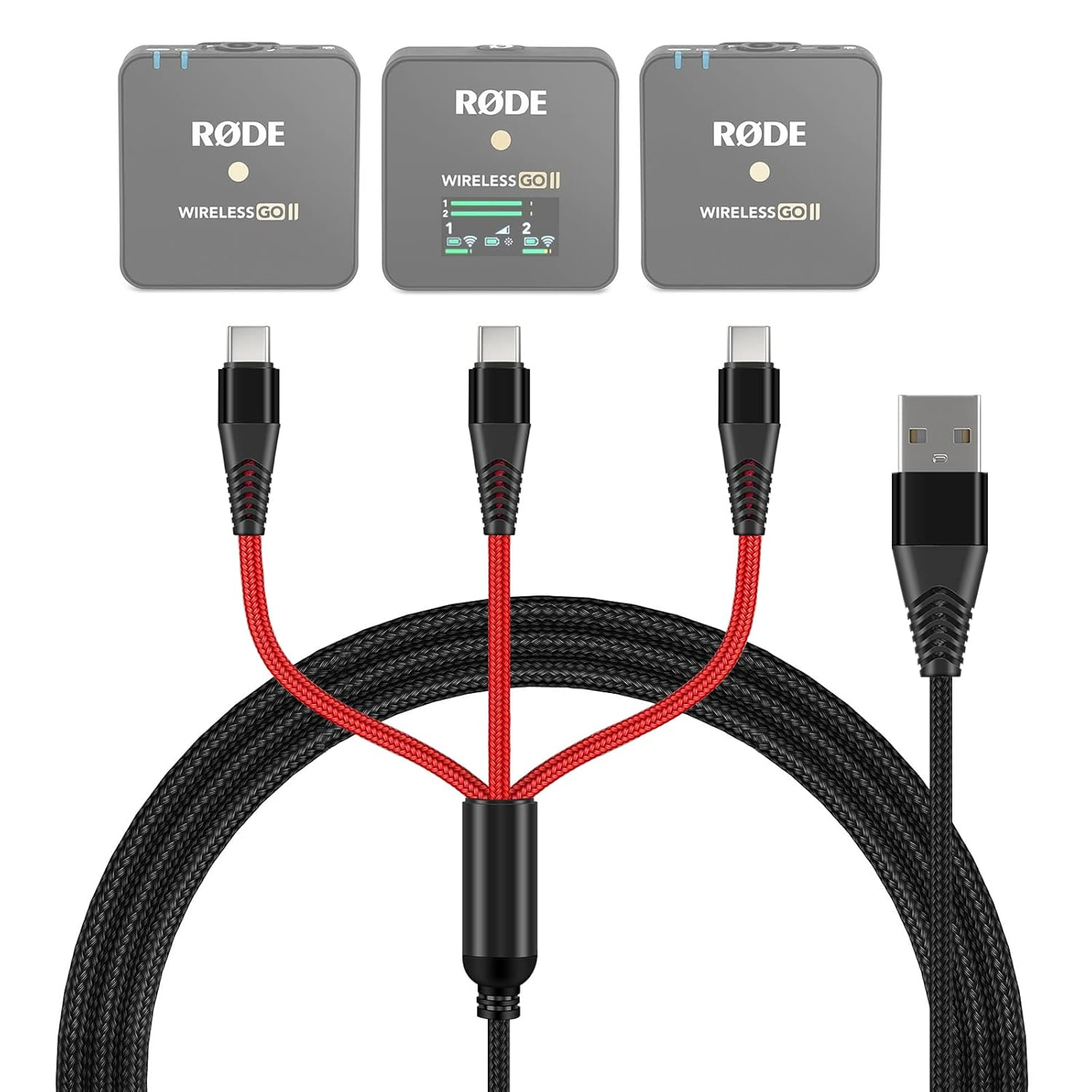3-In-1 USB C Cable Replacement for Rode Wireless Go II Microphone System, Nylon Braided Charging Cord with 3 Type-C Plugs 4Ft