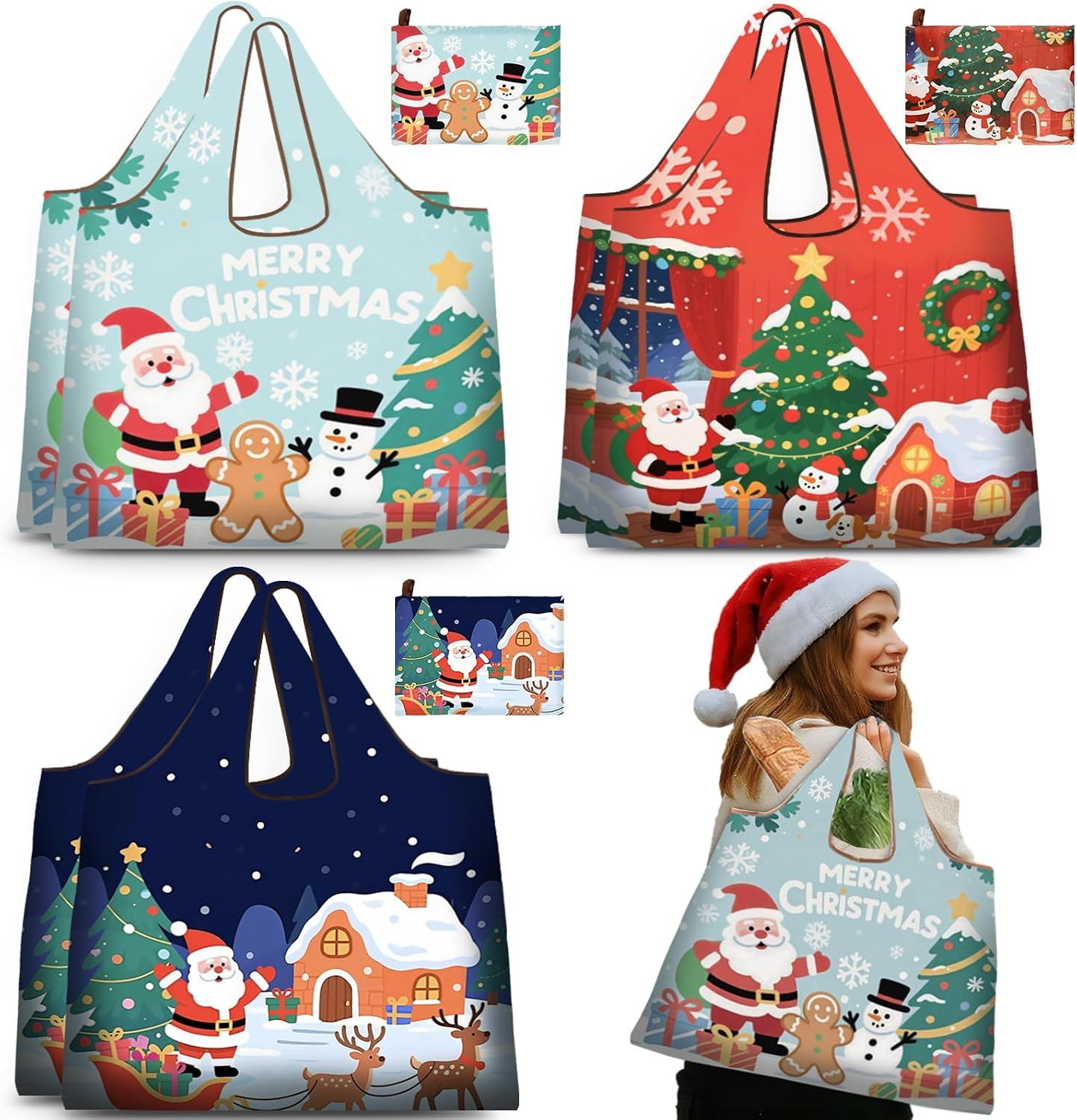 6 Pcs Christmas Reusable Grocery Bags, Extra Large Santa Tote
