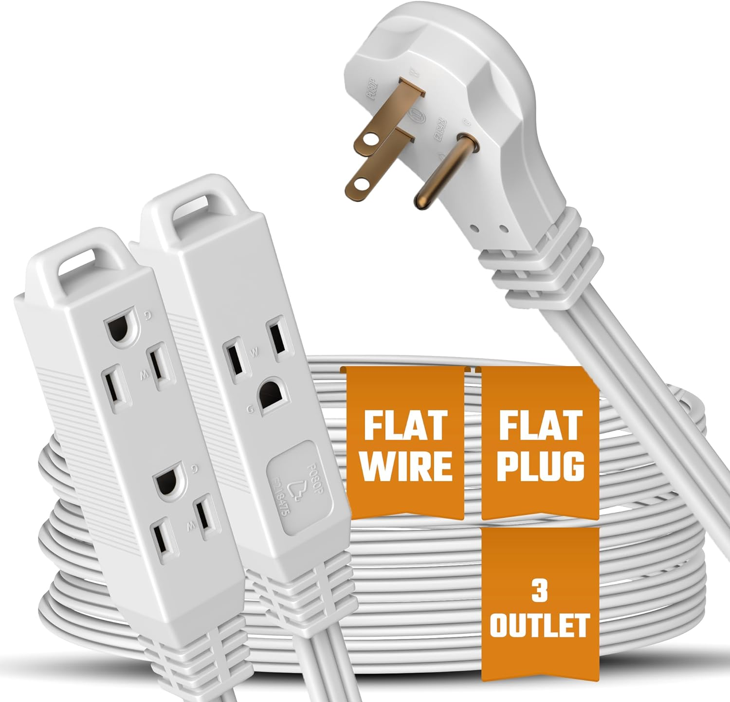 10Ft White Flat Angled 3-Prong 3-Outlet Indoor Extension Cord - UL Listed