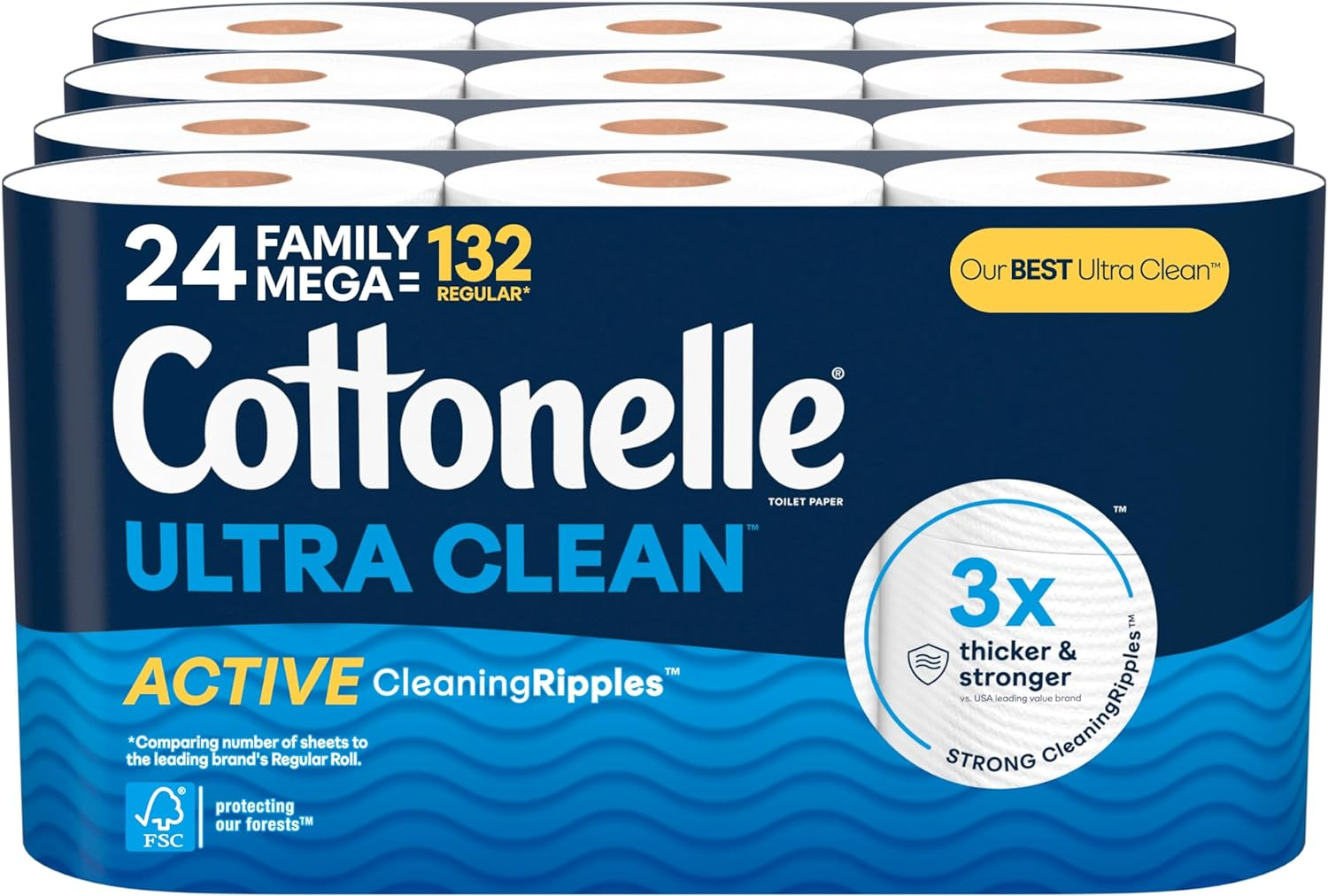 Cottonelle Ultra Clean Toilet Paper, 24 Family Mega Rolls, Active CleaningRipples Texture, 353 Sheets Per Roll