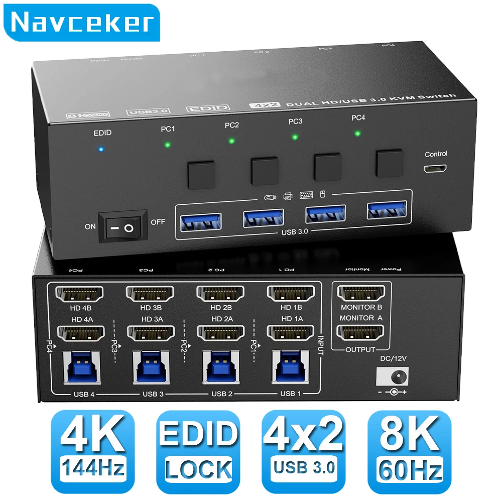 8K KVM Switch HDMI 4 Port 4K 120Hz USB 3.0 KVM Switch 4 PC 2 Monitor EDID Emulator Dual Monitors Share Keyboard Mouse