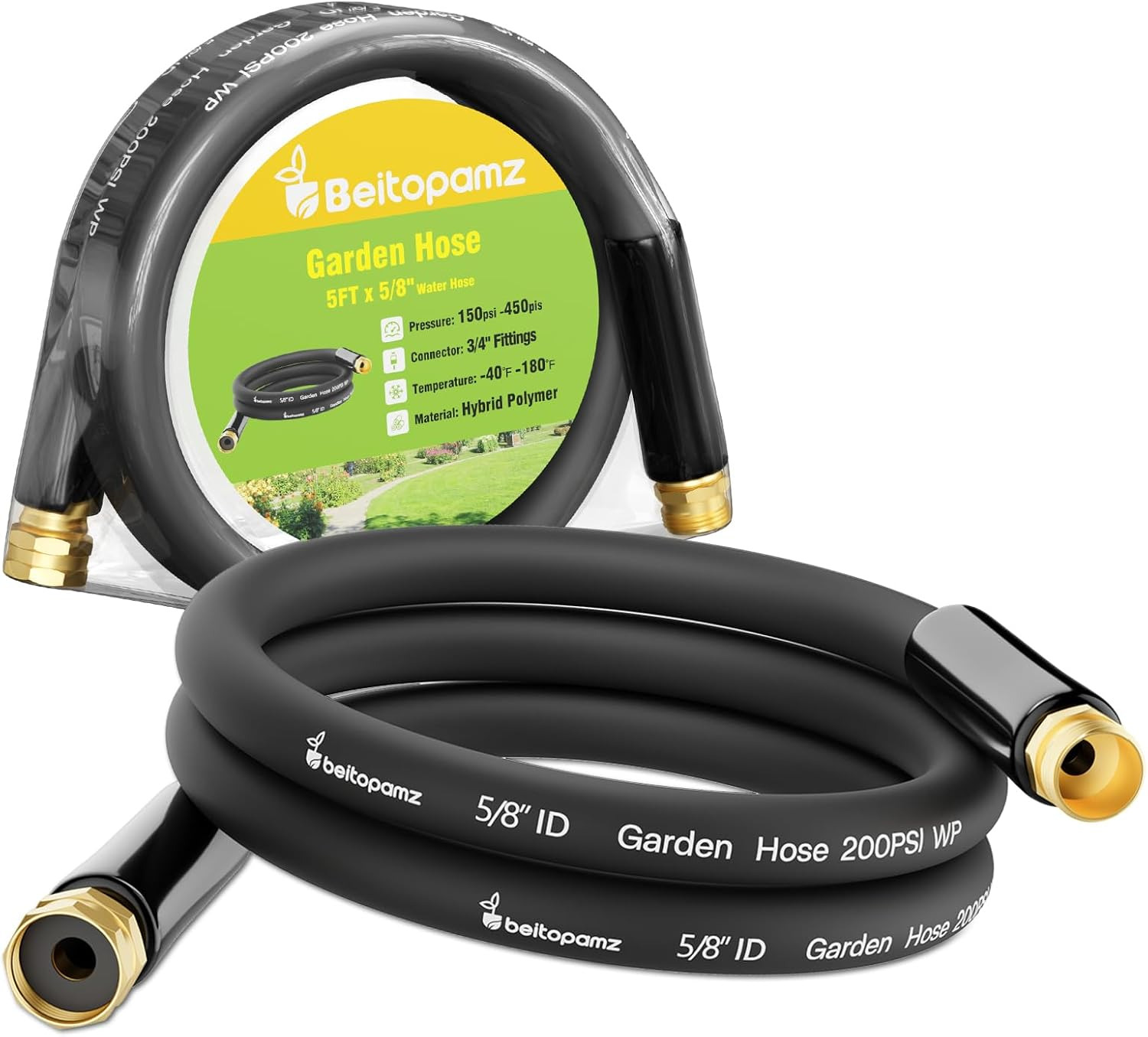 Short Garden Hose 5 Ft X 5/8 in Male to Female Heavy Duty Small Water Hose Extender Connector, Lightweight Rubber Hybrid Leader Hose, Leak-Free Connections, 3/4'' Brass Fittings, Black