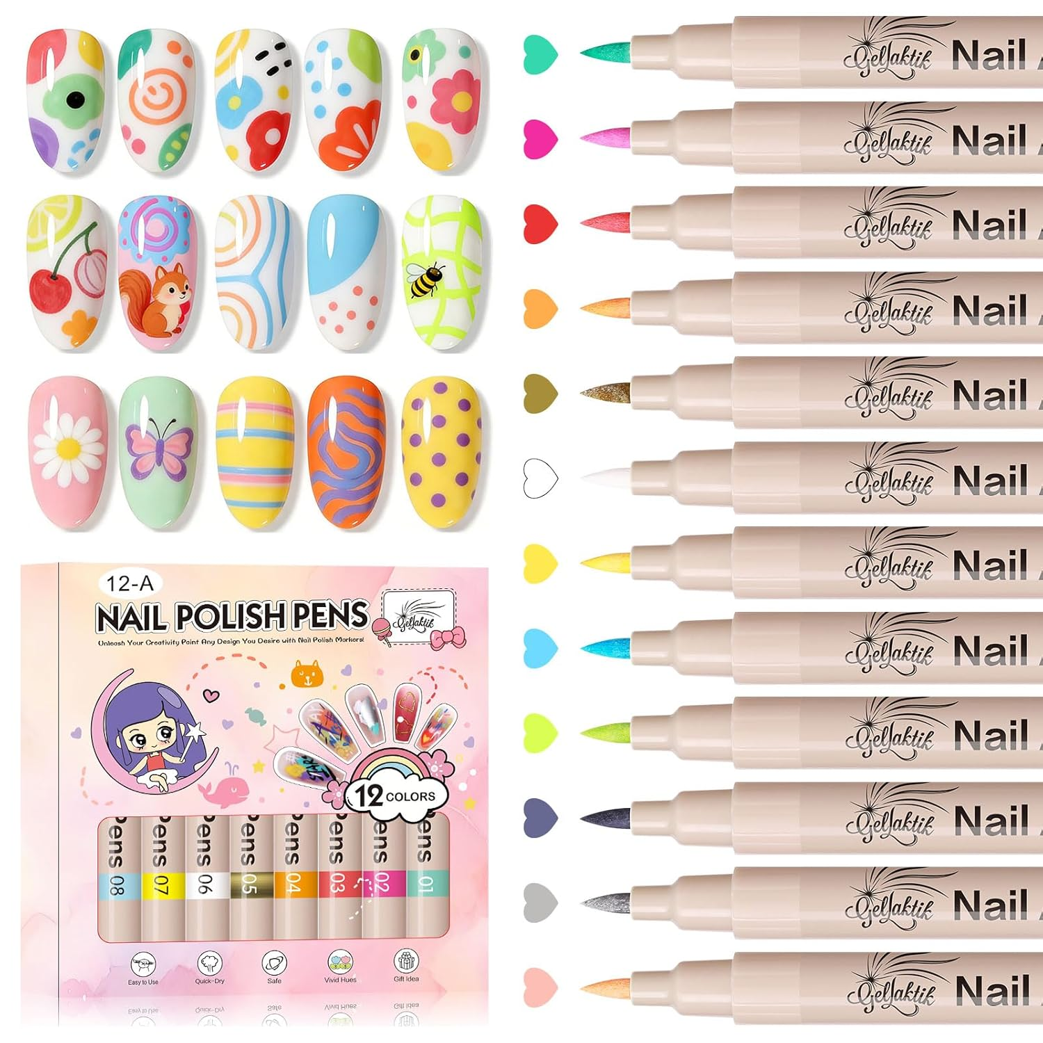 12 Color Nail Art Pens Set 3D Acrylic Quick Dry Nail Paint Marker Kit