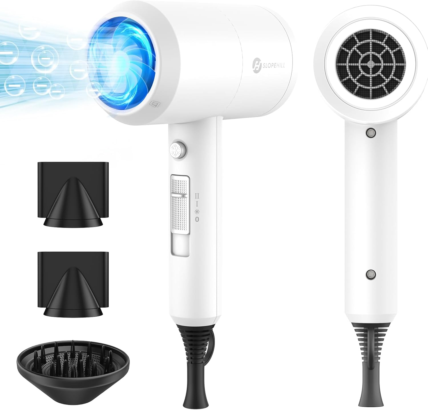 Professional Ionic Salon Hair Dryer,  Powerful 1800W Fast Dry Low Noise Blow Dryer with 2 Concentrator Nozzle 1 Diffuser Attachments for Home Salon Travel (White)