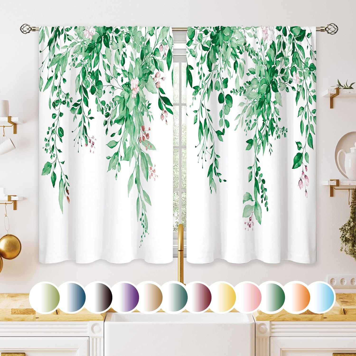Emerald Teal Eucalyptus Botanical Leaves Floral Kitchen Window Curtains over Sink Farmhouse Flower Spring Small Treatment Cafe Short Curtains for Bathroom Treatment Tier Drapes 27.5X39 Inch