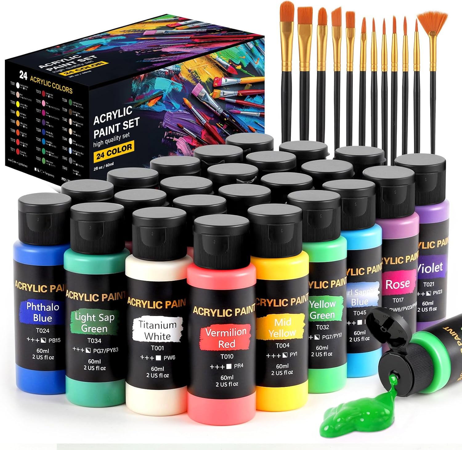 TMOL Acrylic Paint Set, 24 Colors (2 Oz/Bottle) with 12 Art Brushes, Art