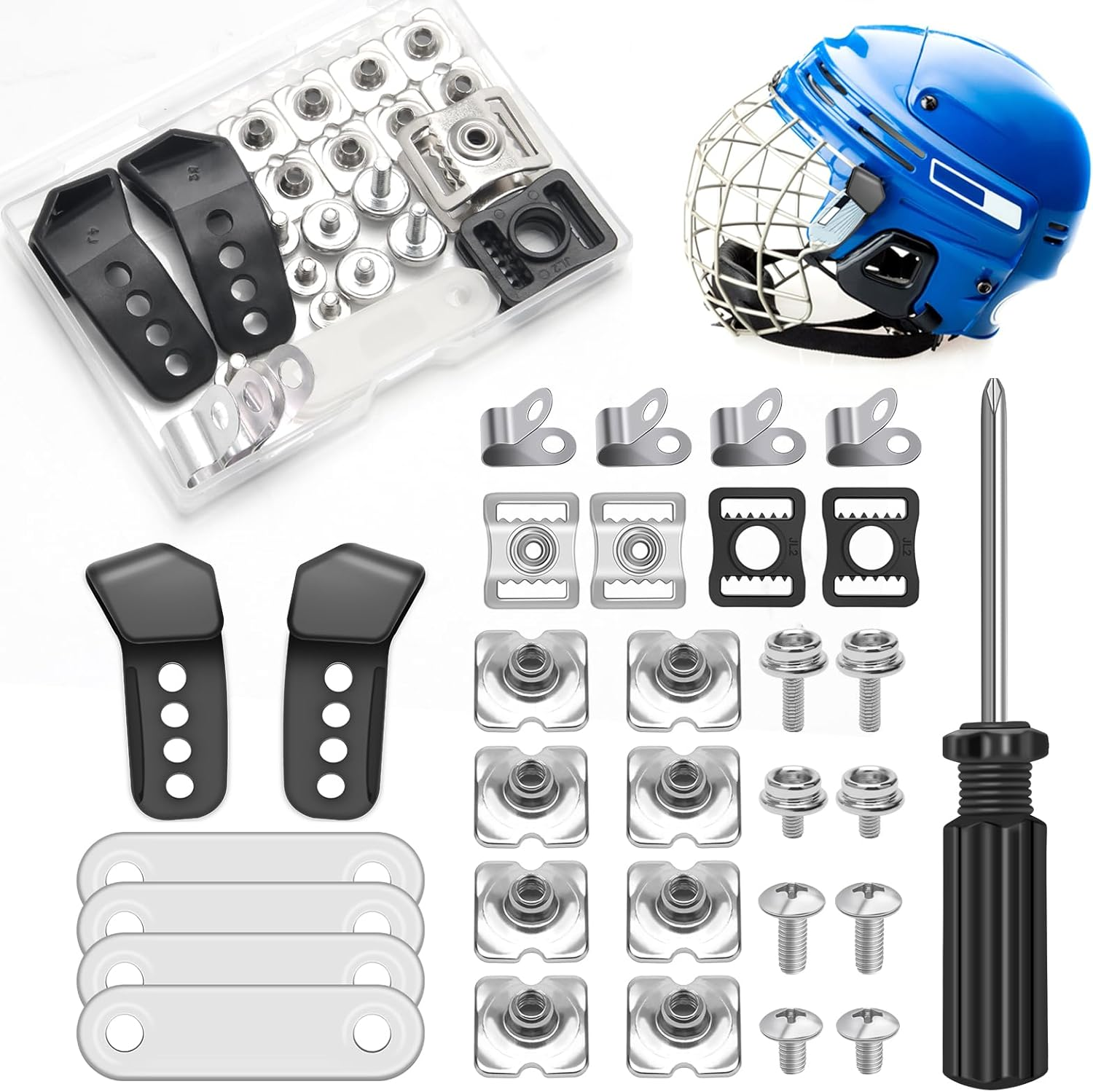 31PCS Hockey Helmet Repair Kit, Football Helmet Hardware Kit Include 2 J Clips/ 4 Rubber Gaskets/ 4 R Shape Football Visor Clips/ 16 Screw Nuts/ 4 Chin Strap Adapter/Screwdriver (31)