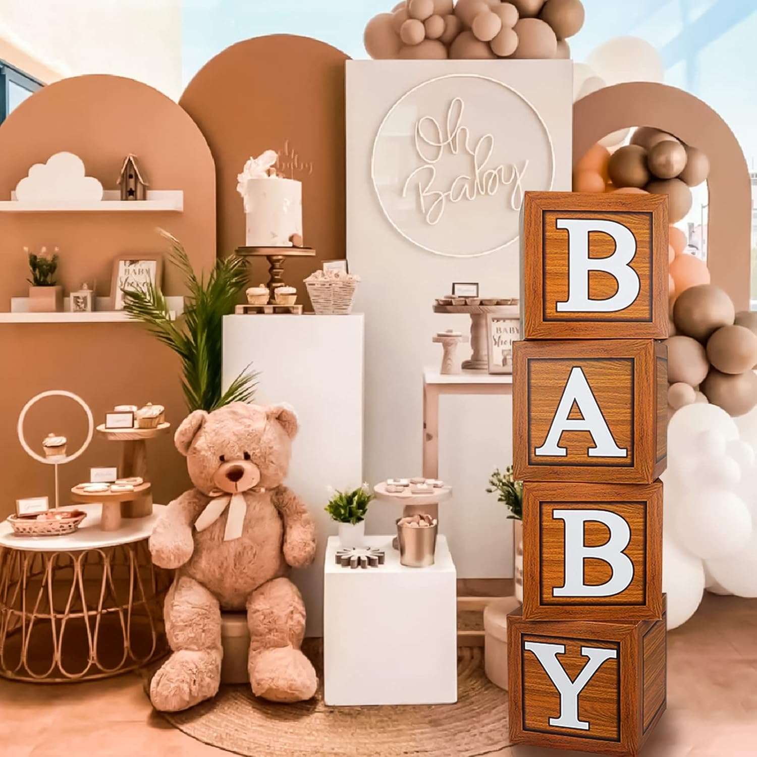 Baby Shower Boxes Party Decorations, 4Pcs Wood Grain Brown Blocks with BABY Letters, Woodland and Teddy Bear Supplies for Boys Girls, 1St Birthday Photoshoot Props, Gender Reveal Backdrop