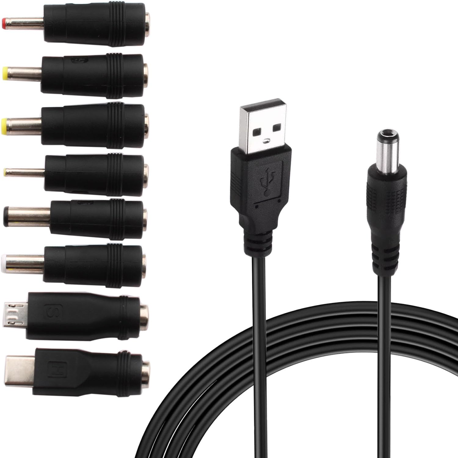 5V USB to DC 5.5X2.1Mm Power Cable, Charging Cord with 8 DC Barrel Jack Connectors,Barrel Jack Plug Charger Adapter for Fan, Speaker, Phone, Tablet and More