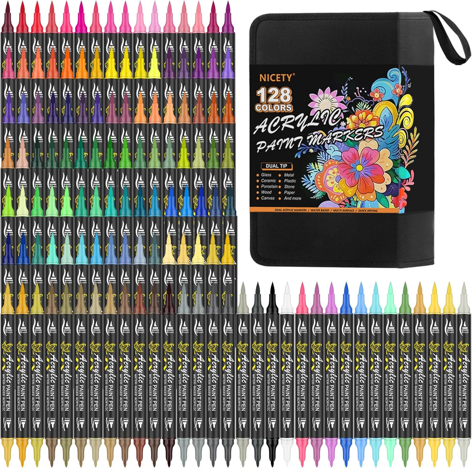 128 Acrylic Paint Markers, Dual Tip Brush Paint Pens for Rock Painting, Wood, Glass, Stone, Canvas, Ceramic, Fabric - Fine & Brush Tip Water Based Acrylic Markers Pens