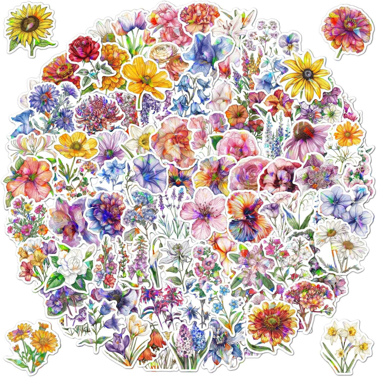 100Pcs Flower Stickers Pack, Sparkly Holographic Aesthetic Decals for Water Bottle, Waterproof Stickers for Hydroflask Laptop Scrapbooking Phone,Flower Gifts for Women Teens Girls