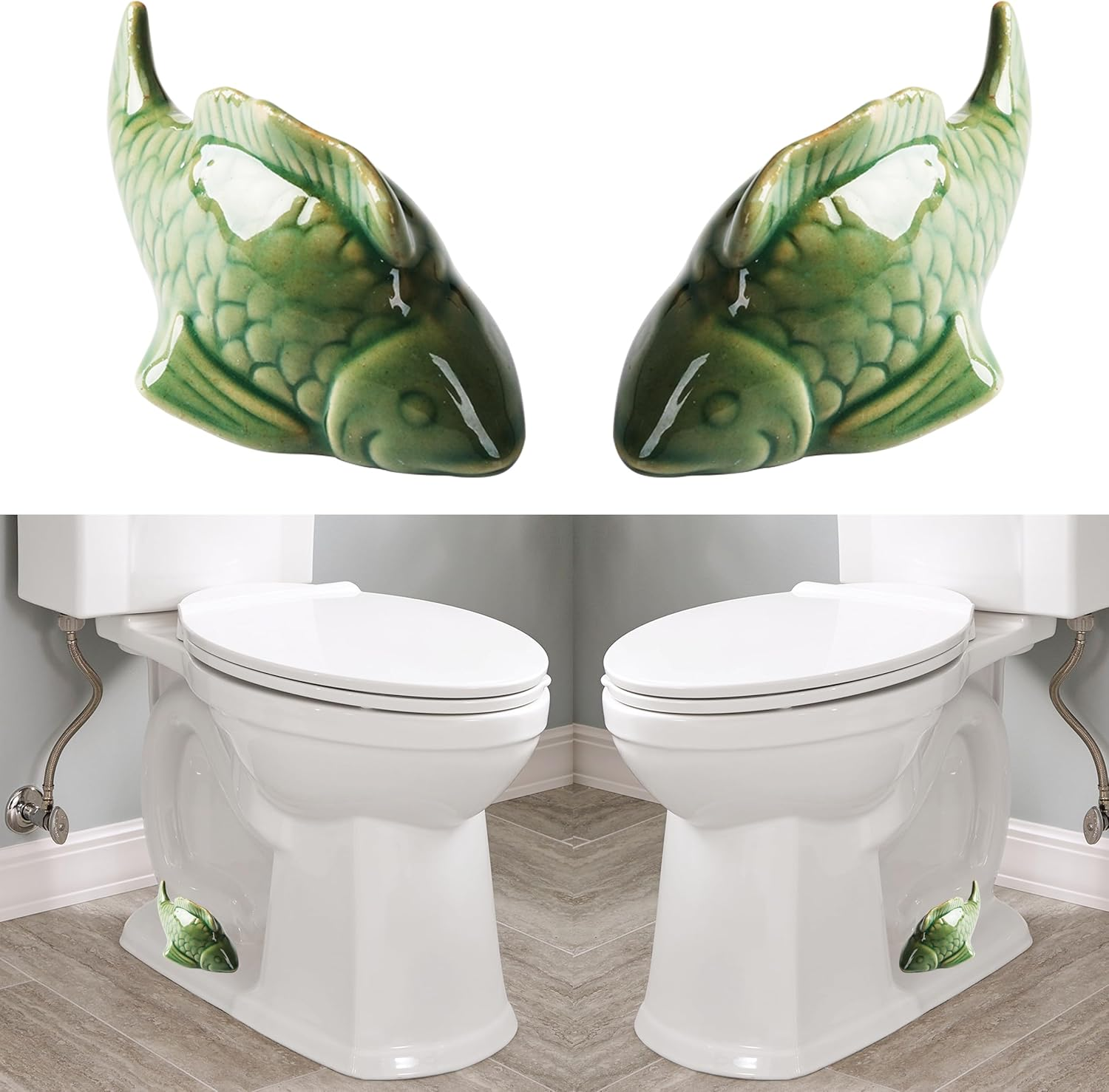 Toilet Bolt Caps, Decorative Toilet Bolt Covers, Ceramic Cute Frog Covers Toilet Bolts Bathroom Decor Easy Installation Set of 2 (Green Fish)