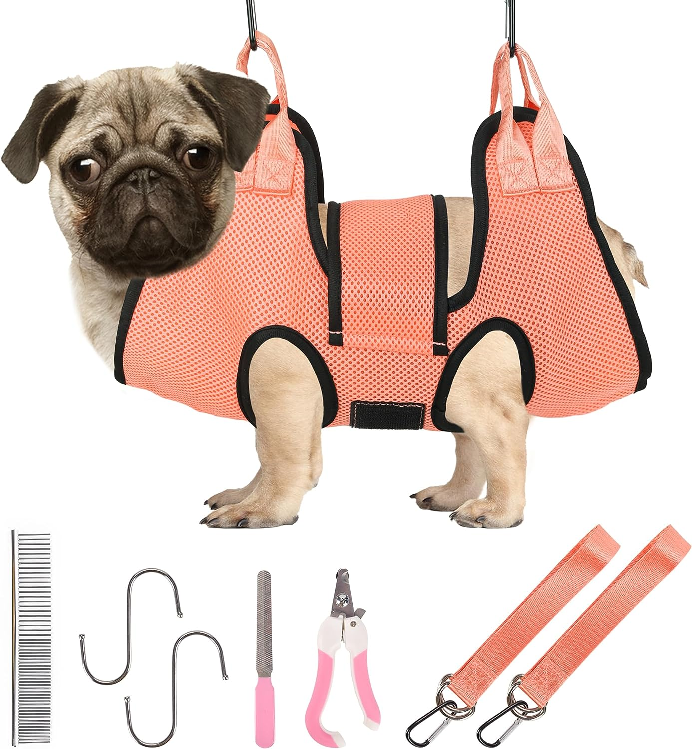 Portable Pet Hanging Hammock Grooming Harness w/ Nail Clippers for Nail Trimming