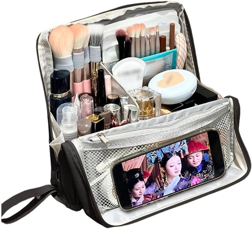 standing makeup bag, Women's Large Capacity Foldable Magnetic Travel Makeup Storage Bag, Waterproof Portable Open Makeup Bag with Divider,black