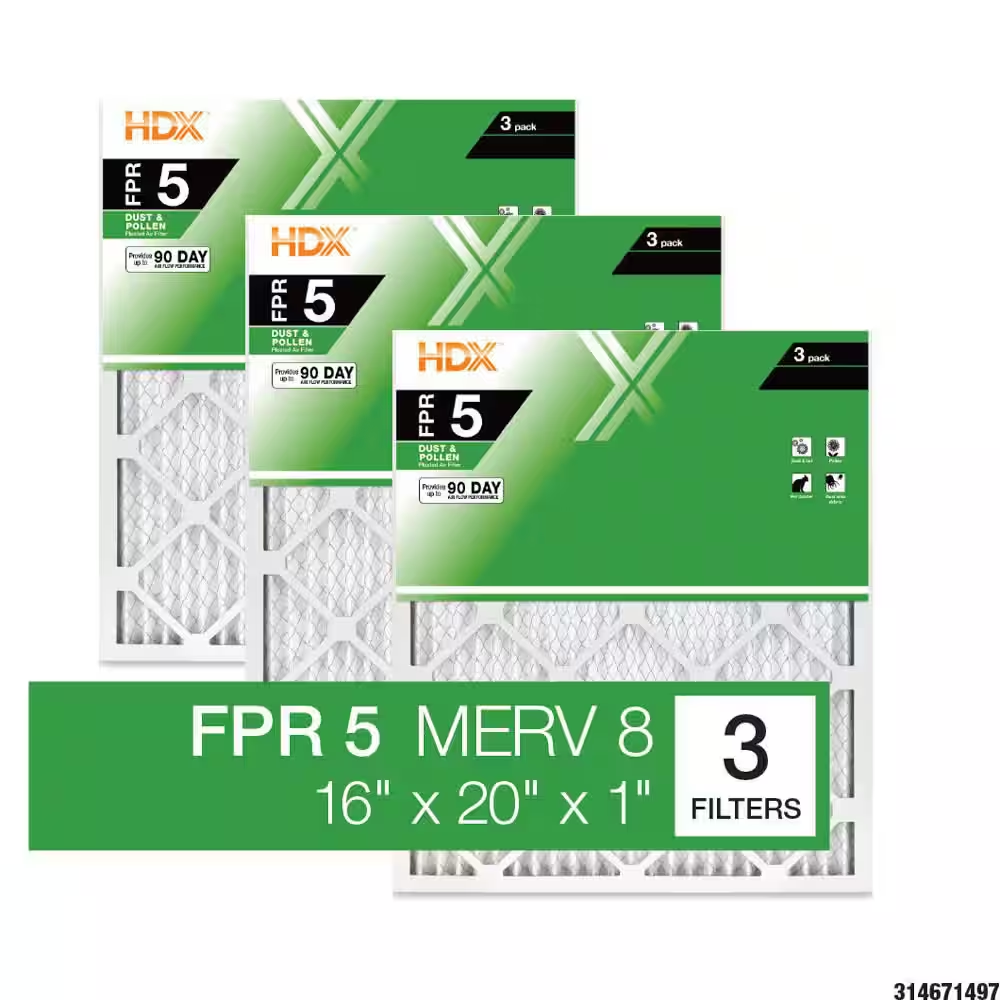 16 In. X 20 In. X 1 In. Standard Pleated Furnace Air Filter FPR 5, MERV 8 (3-Pack)