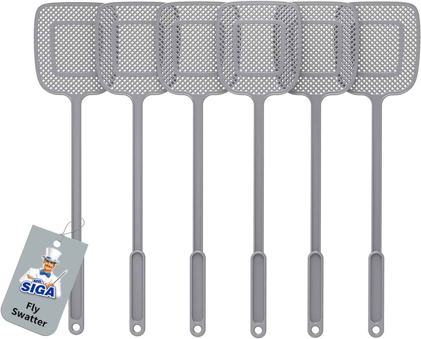Heavy Duty Long Handle Fly Swatter, Gray, 6 Pack