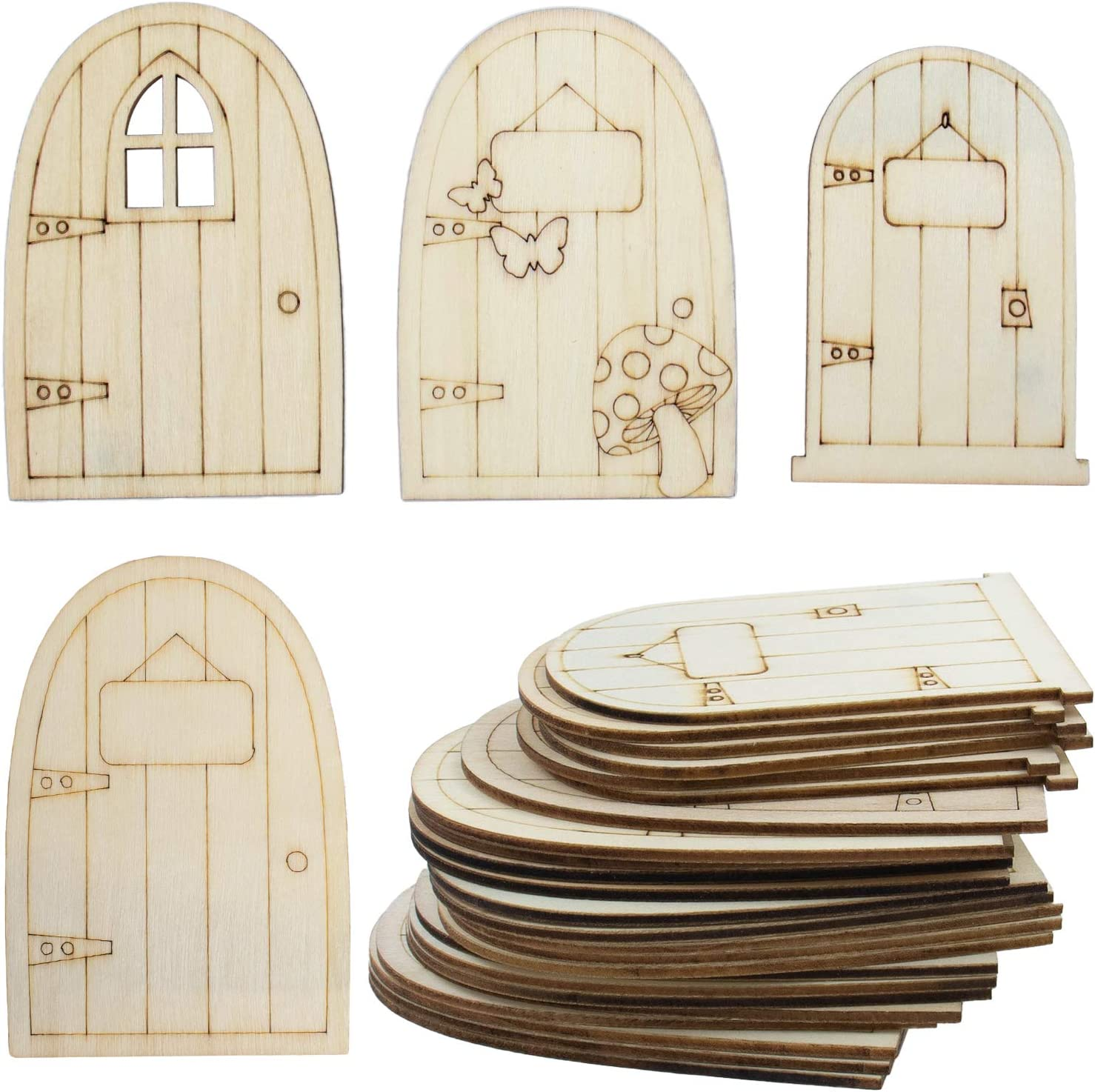 , 24 Pack Unpainted Fairy House Doors Mini Wooden Miniature Garden Door for DIY Craft 4 Styles