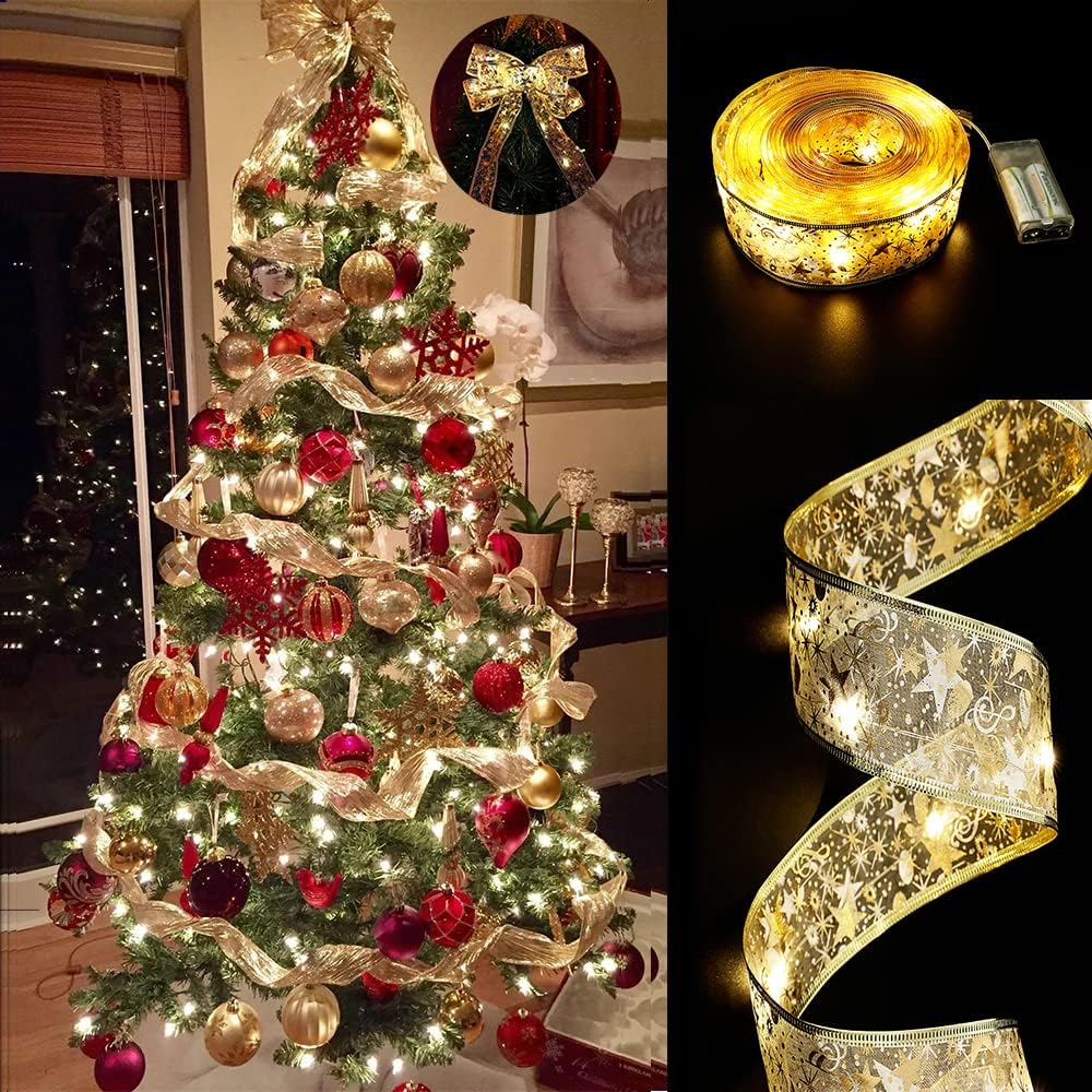 Christmas Tree Decorations String Lights 32Ft 100 LED Lights Copper Wire Ribbon Bows Lights for Party Weddings Holiday Christmas Tree Decorations (Gold Warm Light Battery Powered)