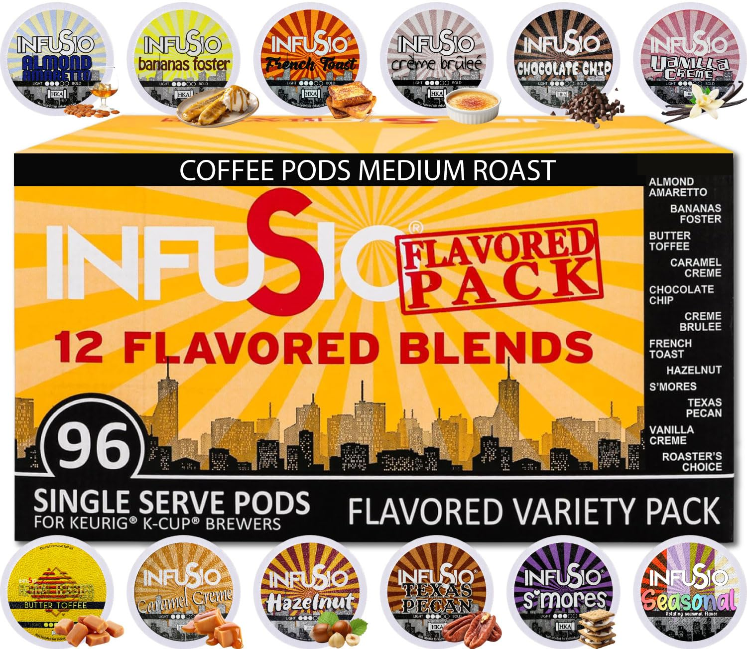 Flavored Coffee Pods Variety Pack – 96 Count, 12 Gourmet Medium Roast Dessert-Inspired Blends like Bananas Foster & Crème Brûlée, Compatible with Keurig K-Cup 2.0 Brewers