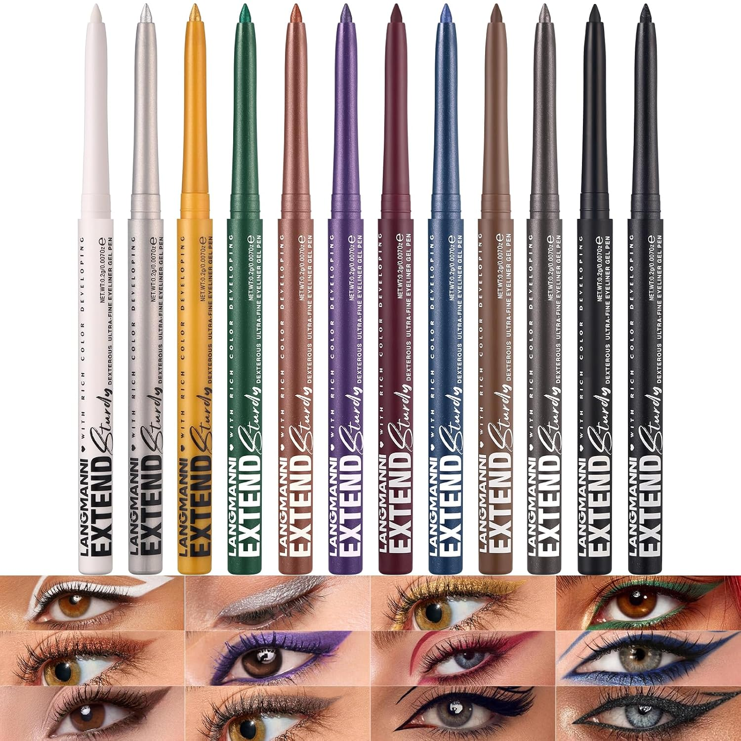 12 Color Gel Eyeliner Pencil Set Waterproof Matte Shimmer Metallic Makeup