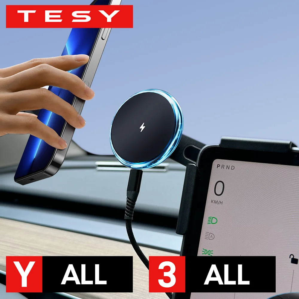 Blue Light Ring Magsafe Magnetic Wireless Charger Phone Holder Screen Mount For Tesla Model Y 3 S X 2020-2025 Juniper Launch