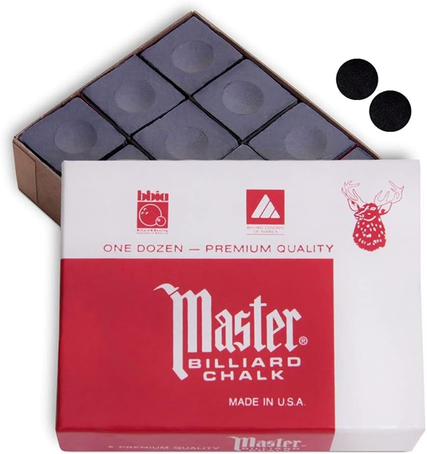 Master Billiard Pool Cue Chalk Premium Quality - 1 Dozen - Made in the USA + 2 Pcs of Quality Billiard Pool Table Spots by Tweeten Fibre Co.