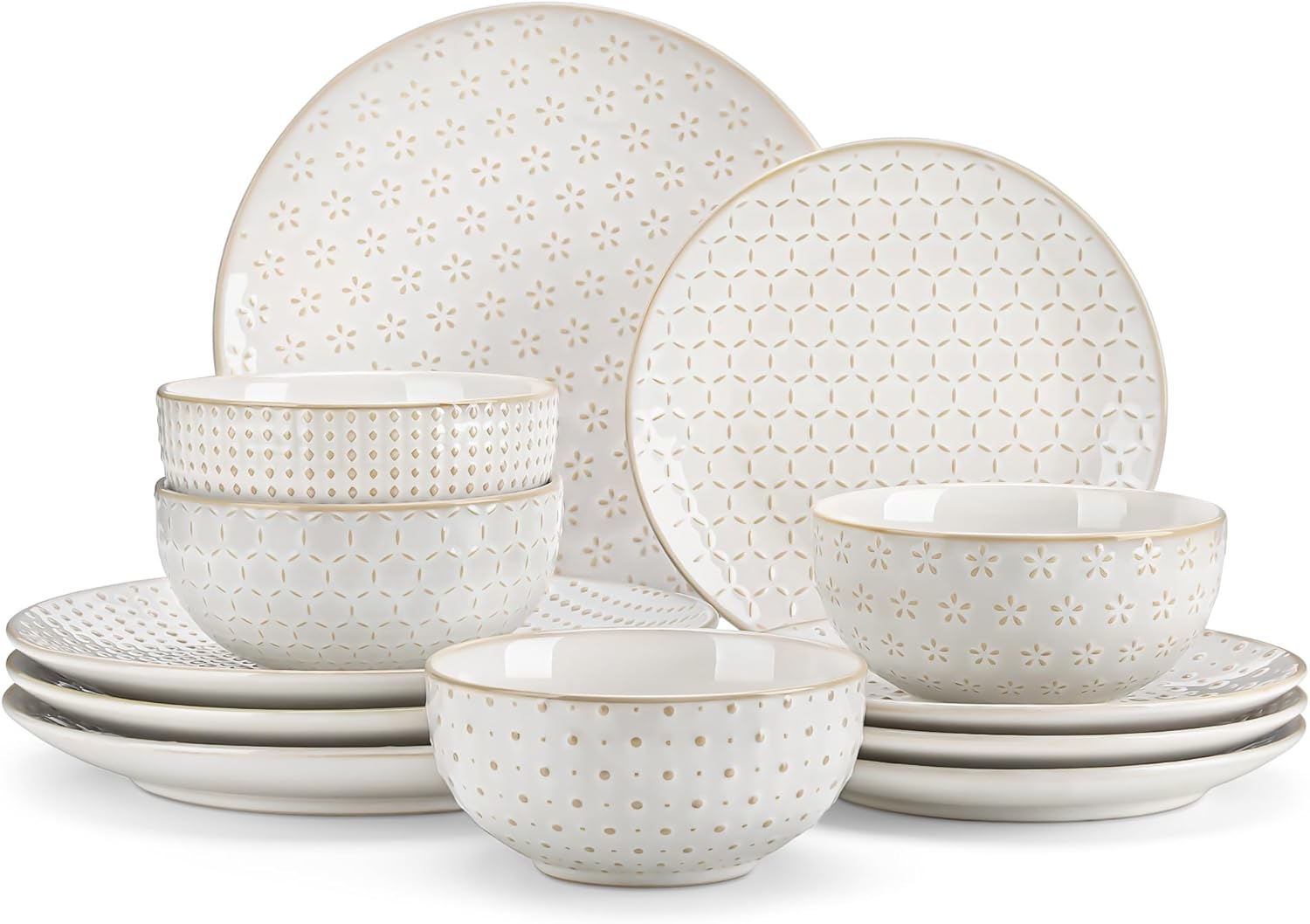 MALACASA 12 Piece Dinner Set for 4, Plates and Bowls Sets 12 Pieces, Embossed Stoneware Dinnerware Sets, Ceramic Dinner Sets, Dishwasher Safe, Series Lydia