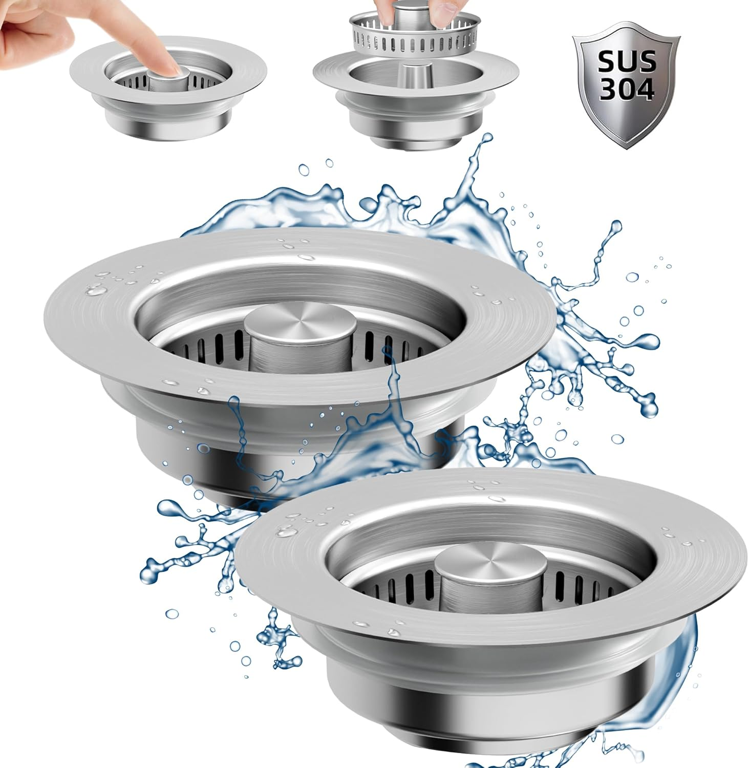 Kitchen Sink Drain Strainer - 2-Pack Stainless Steel Sink Stopper 3-In-1 Pop-Up Sink Strainer with Anti-Clogging Basket Odor Filter Sink Drain Cover Plug for US Standard 3-1/2 Inch Drain