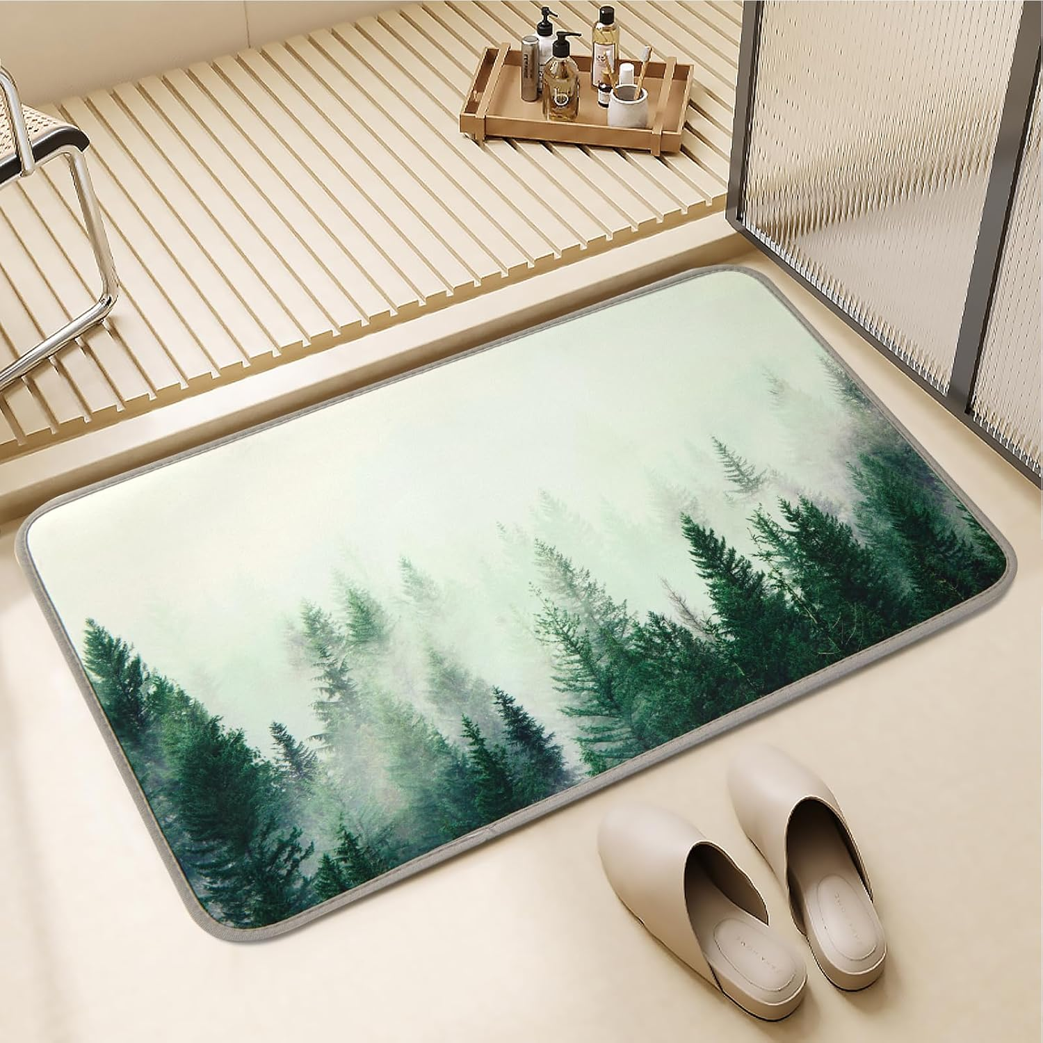 Misty Forest Bathroom Rug, 16x24 Green Thin Bath Mat Doormat Floor Mat Absorbent Quick Dry Non Slip, Diatomaceous Mud Mats with Rubber Backing for Shower Tub Sink Laundry Kitchen Doorway