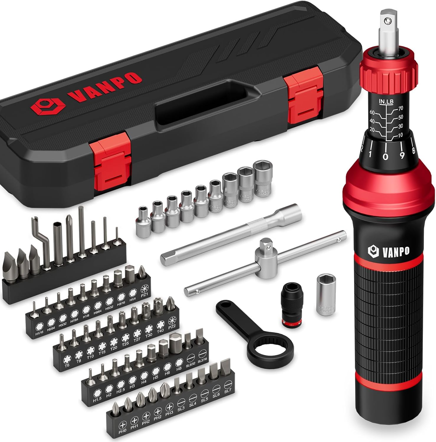 Torque Screwdriver, 64 Pcs 10-70 Inch Pound Torque Screwdriver Set with T-Bar Handle, Flat, Hex, Torx, and Phillips Bits for Tools, Bike Repairing and Mounting