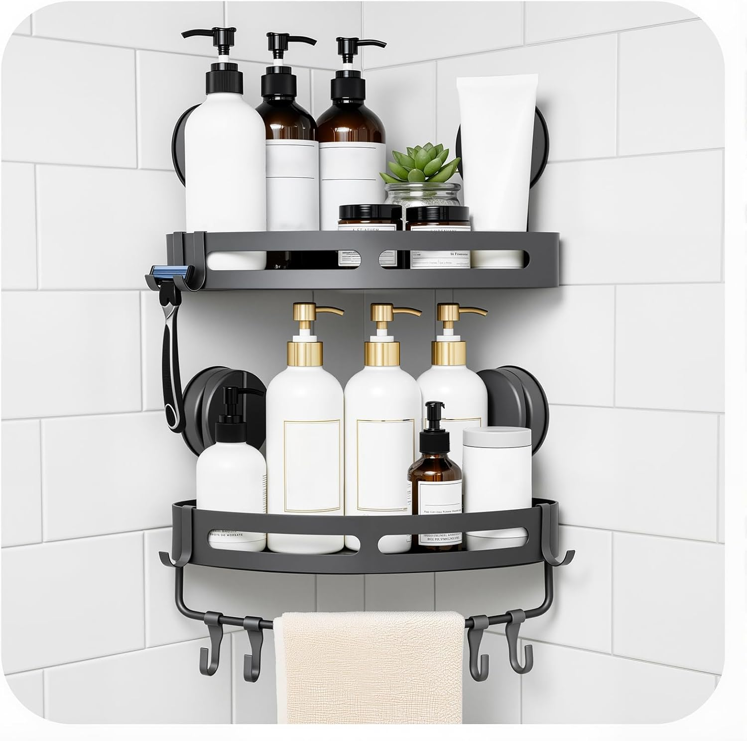 Corner Shower Caddy Suction Cup Shower Shelf Corner No Drilling Bathroom Shower Organizer Storage Rack Suction Cup Type with Towel Bar Hooks