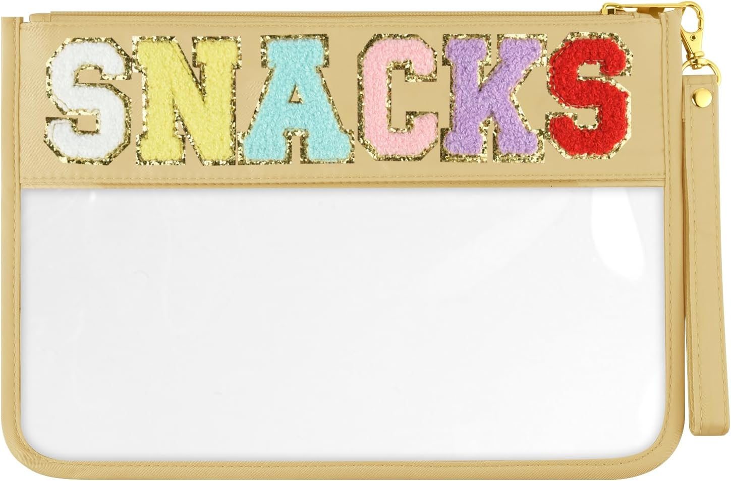 Chenille Letter Bag Cute Clear Zipper Stuff Pouch Portable Multi-purpose PVC and Nylon Makeup Bag with Handle for Travel School Gym Beach（Beige Snacks）