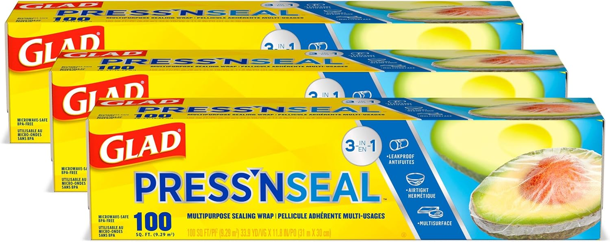 Press'N Seal Plastic Food Wrap, 100 Square Foot Roll, Pack of 3, (Package May Vary)