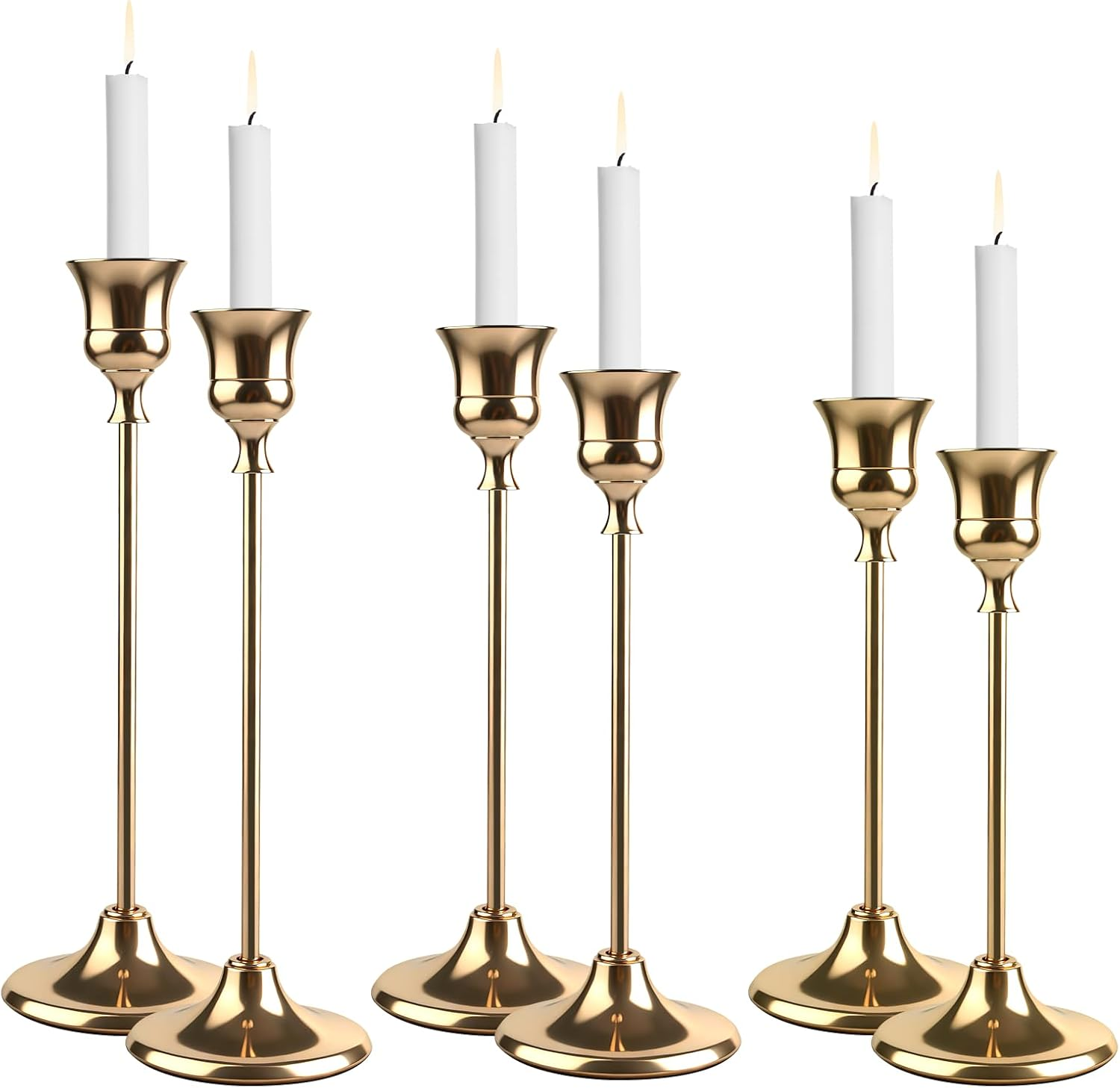Gold Candlestick Holders Set of 3, Classic Metal Taper Candle Holder Set with 7Cm Base, Heights 22Cm/19Cm/16Cm, Elegant Vintage Centerpieces for Table, Home & Wedding Decor