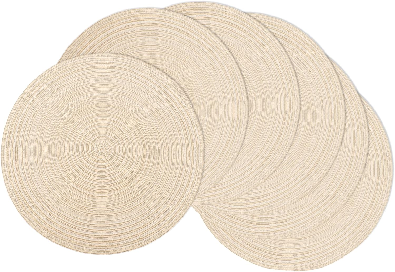 Braided round Placemats Set of 6, Woven Washable Non-Slip Table Mats for Kitchen Dining, 15 Inch, Heat Resistant - Natural Fabric Indoor Outdoor Place Mats(Beige)