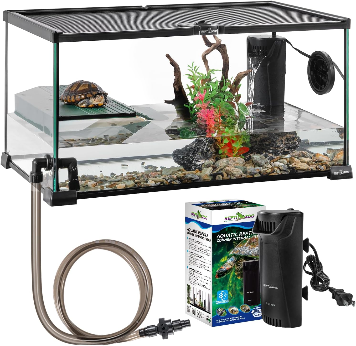 Glass Turtle Tank Kit, 10 Gallon Turtle Tank Starter Kit with Drainage System, Basking Platform and Quiet Aquarium Corner Internal Filter, 20