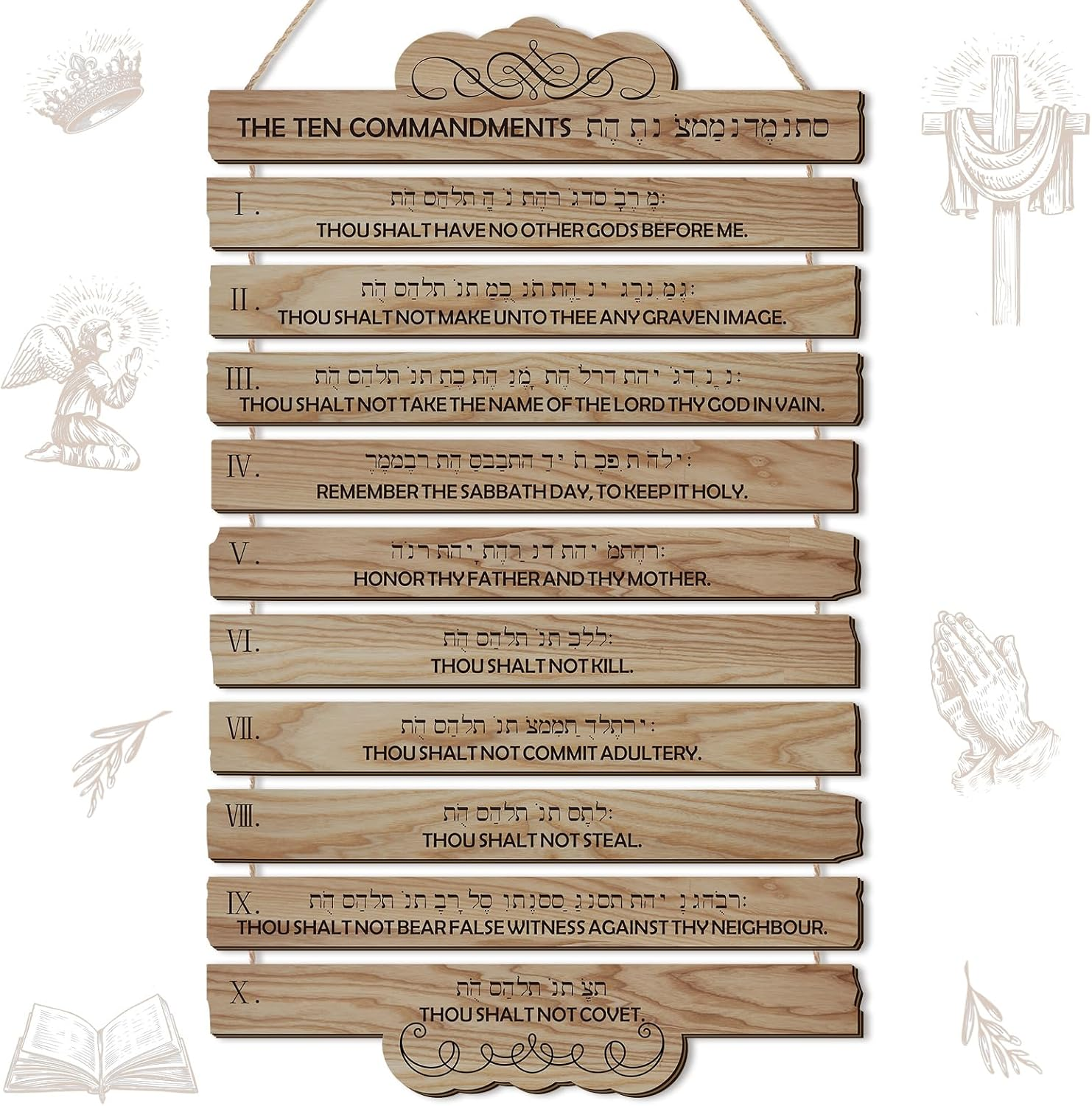 10 Commandments Christian Wall Art Wooden Bible Verse Wall Decor Hanging Reli...