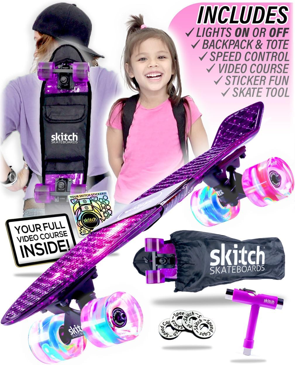 SKITCH Skateboards for Kids, Teens and Adults | Premium Skateboard Gift Set for Beginners and Pros Complete with Mini Cruiser Board + Skateboard Backpack + Video Course + Speed Control + Skate Tool