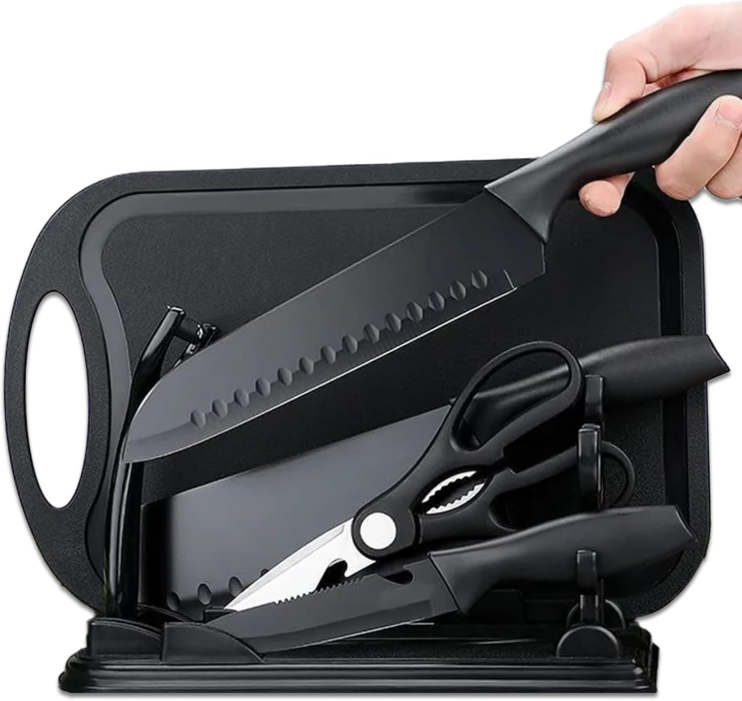 7-Piece Kitchen Knife Set - 5 Black Stainless Steel Knives with Sheaths, Cutting Board, and a Knife Block- Stainless Steel Kitchen Knives with PP Ergonomic Handle (Matte Black)
