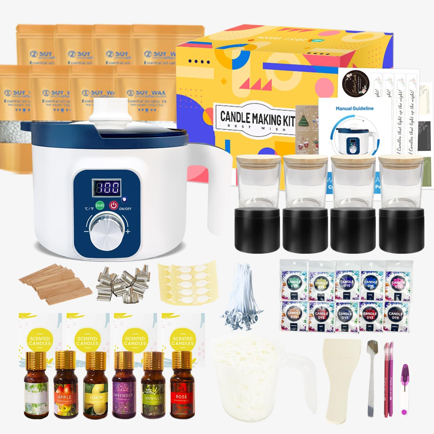 Candle Making Kit with Digital Wax Melter Pot, DIY Candle Maker Set for Adults, Soy Wax for Candle Making, Kit to Make Handmade Aromatic Candles
